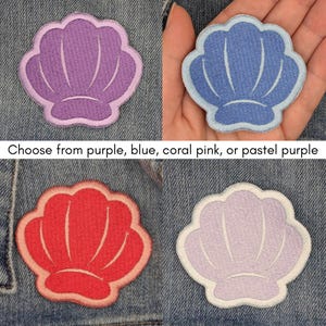 May include: Four embroidered seashell patches in purple, blue, coral pink, and pastel purple. Each patch features a scalloped edge and interior lines. Text at the bottom reads: "Choose from purple, blue, coral pink, or pastel purple."