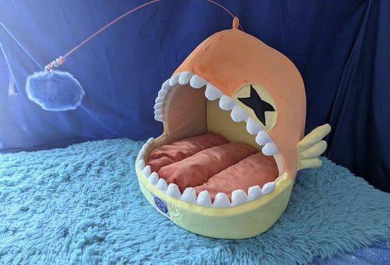 Anglerfish Pet Bed, Nautical Ocean Theme Cat Dog, Removable Washable Pillow, Includes Wand Toy