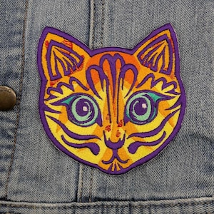 Whimsical cat embroidered patch  sew onto hats, bags, jackets and clothing