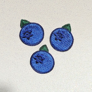 Three Cute Small Blueberry Machine Embroidered Patchs, Set of (3), Blue, Iron On Sew On Patch for Clothes, Backpacks, Hats, Bags, Jackets