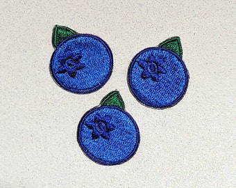 Three Cute Small Blueberry Machine Embroidered Patchs, Set of (3), Blue, Iron On Sew On Patch for Clothes, Backpacks, Hats, Bags, Jackets