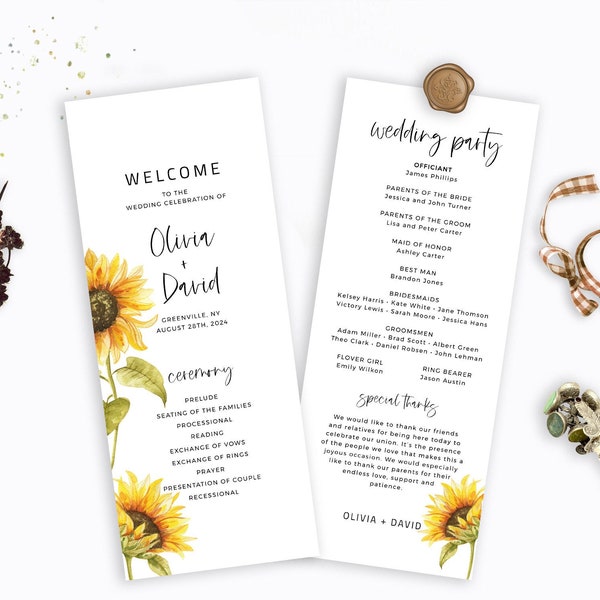 Sunflower Wedding program Template, Flower Wedding Programs, Order of Ceremony, Digital Download, Templett, PPS