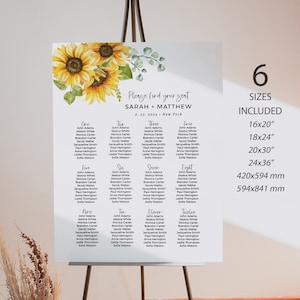 Wedding Seating Chart Template, Sunflower Wedding Seating Plan, Instant Download, 6 Sizes included, Templett, FPP