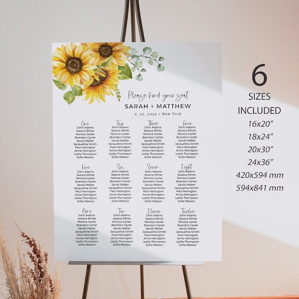 Wedding Seating Chart Template, Sunflower Wedding Seating Plan, Instant Download, 6 Sizes included, Templett, FPP