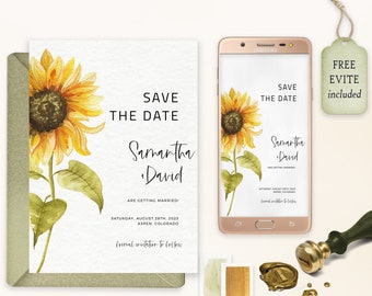 Sunflower Save the Date Template, Save the Date Digital Download, Electronic Save the Date, Editable, Templett, FPP