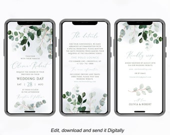 Eucalyptus Wedding Evite, Electronic Wedding Invitation, Instant Download, Editable Digital Template, Templett, FPE