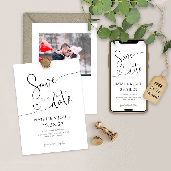 Heart Script Save the Date Card, Electronic Save the Date Template, Editable, Instant Download, Templett, FPGH