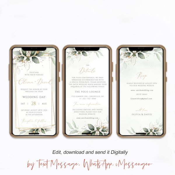 Electronic Wedding Invitation, Wedding Digital Invitations, Greenery Gold Online Invite, Instant Download, Templett, FPGG