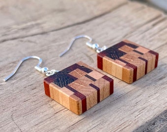 Handcrafted Boho Earrings, Chaotic Pattern, Slim and Light Dangle Earrings, Wood Gift for Her, Unique Jewelry, Handmade, USA, Christmas gift