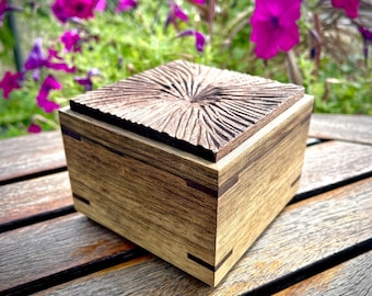 Keepsake Box in Black Limba, Hand Carved Lid in Walnut