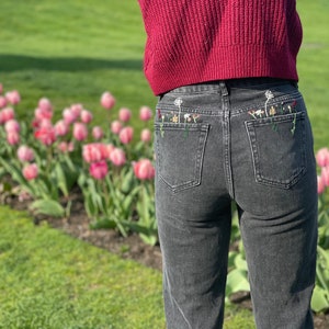 Hand embroidered floral black denim jeans