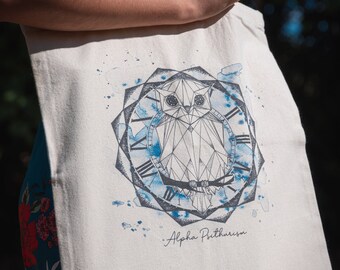 Organic cotton bag geometric owl pattern watercolor animal totebag