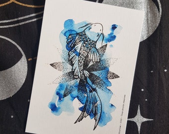 Blue watercolor mandala koi carp postcard on recycled paper