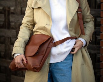 Tan Leather Crossbody Bag - Large Genuine Messenger Bag, Maxi Leather Bag with Pockets, Book Bag, Campus Bag, Gift for Leather Lovers