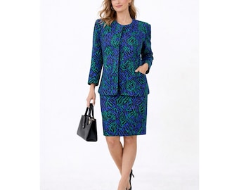 Vintage 90-tals Y2K tvådelad kjolkostym business 8 grön lila geometrisk silkeslen retro