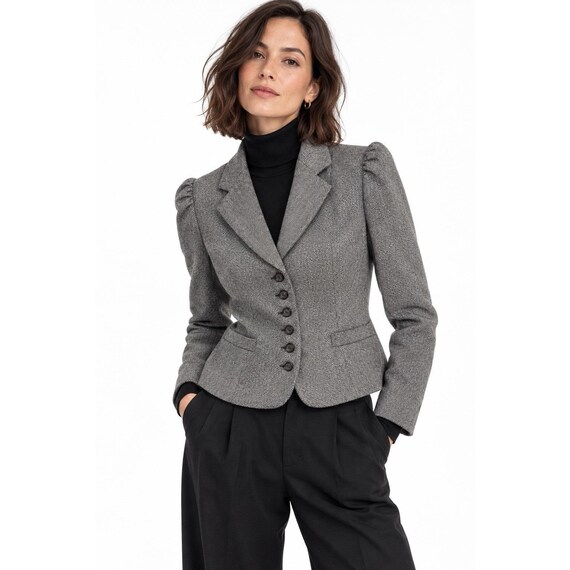 vintage 80s GRAY HERRINGBONE TWEED jacket blazer xs s wool dark academia retro