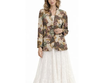Blazer floral vintage estilo cottagecore dos anos 80, tamanho 10, delicado e feminino.