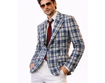 vintage 70s PLAID POLYESTER BLAZER jacket blue 38S disco retro wide lapel groovy