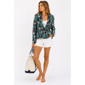 vintage 90s MADRAS PLAID blazer jacket LARGE coastal beach preppy patchwork