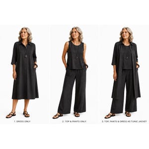 Può includere: Completo a tre pezzi color antracite. La prima immagine mostra un abito con bottoni. La seconda immagine mostra una canotta e pantaloni a gamba larga. La terza immagine mostra la canotta, i pantaloni e una lunga giacca a tunica. Ogni outfit è accessoriato con una collana e un braccialetto.