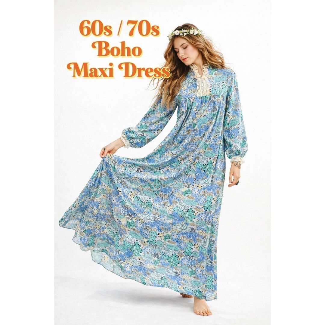 Vintage 70s BOHO MAXI DRESS Floral Lace Prairie Cottagecore Polyester ...