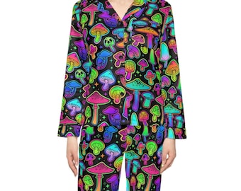 Ensemble de pyjama en satin luxueux, pyjama pour femmes aux champignons psychédéliques, vêtements de nuit en satin doux, vêtements de détente confortables, ensemble de pyjama, vêtements de nuit pour femmes mignons