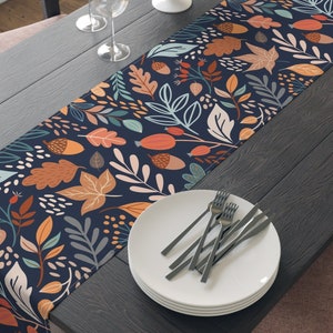 Fall Autumn Aesthetic table runner, Autumn and fall table decor, leaves and acorns, navy blue color, Thanksgiving table decor