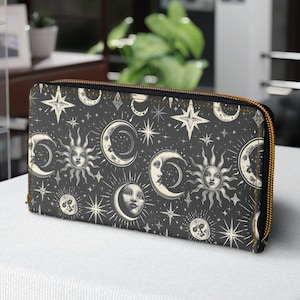 Monedero con cremallera mágica celestial, billetera sol luna y estrellas, billetera de noche estrellada, billetera Boho, billetera de mujer, regalo para novia