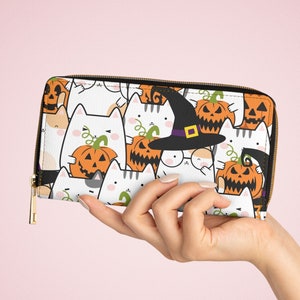 Kawaii kitty Zipper Wallet, witch pumpkin wallet, Women&#39;s Wallet, Halloween Wallet, Halloween Wallet, Women&#39;s Travel Wallet, Fall Wallet