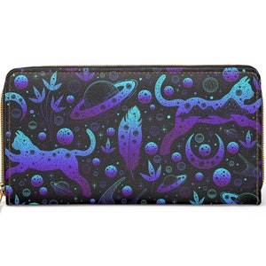 Cartera de gato espacial, cartera gótica con cremallera, academia oscura, cartera de mujer, cartera de gatito y celestial, regalos para ella