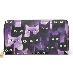 Portefeuille Halloween, portefeuille universitaire sombre effrayant, portefeuille zippé yeux de chaton, pochette chats gothiques, chat violet avec portefeuille yeux effrayants