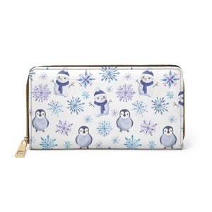 Penguin Zipper Wallet, billetera de paisaje nevado de invierno, billetera con cremallera para mujer, linda billetera de copo de nieve, regalos para mamá, regalos para hija