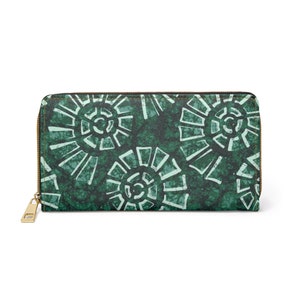 Carteira concha, carteira moderna com zíper Boho, presentes para ela, estampa de bloco manual, cor verde Verdigris, bolsa feminina com zíper