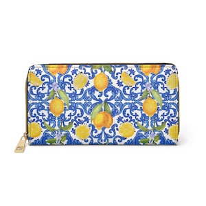 Cartera con cremallera Amalfi, cartera de inspiración italiana, cartera azul y limones, cartera de mujer, regalos para ella