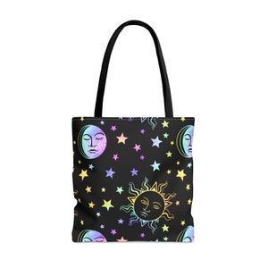 Magical starry night Tote Bag, Mystic rainbow Sun and moon Tote, Gift for Celestial lovers, Boho Aesthetic Bag, travel tote