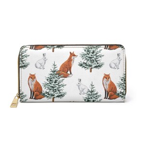 Monedero con cremallera de animales del bosque de zorro y liebre, billetera de mujer, regalo de billetera para ella, billetera de viaje, bolso de viaje, regalo de zorro, zorro, conejo, bosque