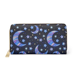 Celestial Zipper Wallet, Moon and stars wallet, starry night wallet, Boho wallet, womens wallet, gift for girlfriend, celestial lover gift