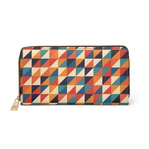 Retro wallet, mid century wallet, Boho wallet, Rainbow colors wallet, Geometric print wallet, 70&#39;s inspired wallet, womens zipper wallet