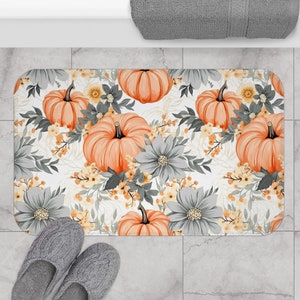Beautiful pastel color Bath mat, Boho cute trendy autumn decor, aesthetic fall decor, floral pumpkins print