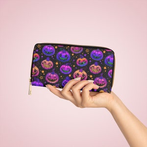 Cartera con cremallera de calabazas de dientes espeluznantes, cartera Witchy Hippie Boho, calabazas góticas de la academia oscura, cartera de Halloween, cartera de mujer