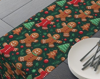 Christmas Table Runner, Holiday Table Decor, Christmas gingerbbread Table Runner, Green Rustic Winter Decoration, Christmas decor, Kitchen