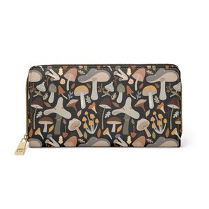 Cartera Cottagecore, estampado de setas, Cartera Boho, Cartera de mujer, Cartera minimalista moderna para mujer, Cartera vegana, Cartera para mujer, Cartera con cremallera,