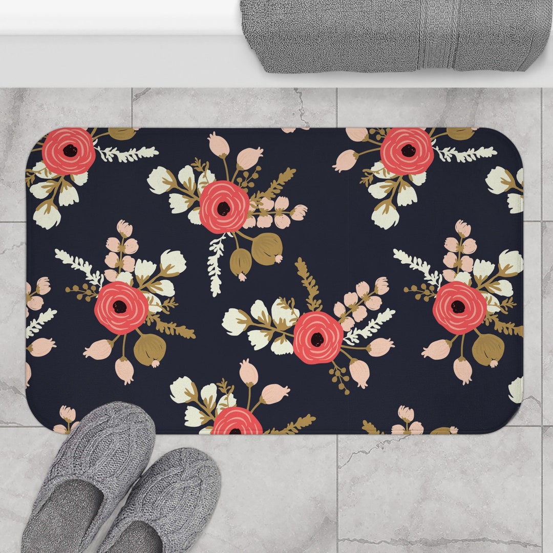 Cute Floral Bath Mat Roses Bath Rug Modern Floral Bathroom Etsy