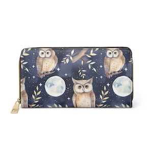Cartera con cremallera de búho y luna, billetera de mujer, billetera celestial, billetera Boho celestial, regalo de amante del búho, billetera linda
