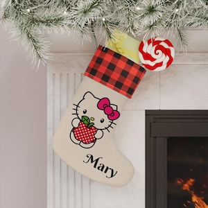 Kawaii Stocking, personalized Christmas Decor, cartoon Lover Gift, Holiday Stocking, Cute Kitty stocking, Festive Stocking