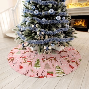 Cute deer and tree print, Pink color Christmas tree skirt, under the tree skirt, holiday tree skirt, Christmas decor, Winter eclectic decor