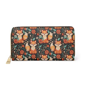 Portefeuille floral Boho Fox Zipper, Portefeuille femme, Cadeau portefeuille pour elle, Portefeuille de voyage, Sac à main de voyage, Cadeau renard, Renard, Portefeuille animaux des bois