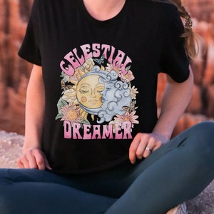 Mystical Moon and sun shirt, Celestial moon shirt, Vintage sun Shirt, cosmic boho shirt, Hippie Shirt, Retro graphic shirt, gifts for her
