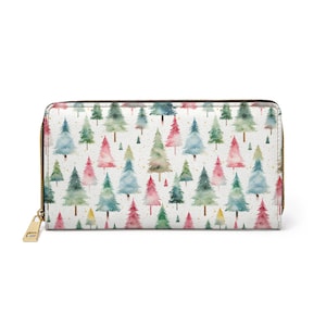 Christmas Zipper Wallet, Christmas gift, Watercolor trees Zipper wallet, women’s wallet, cute aesthetic wallet