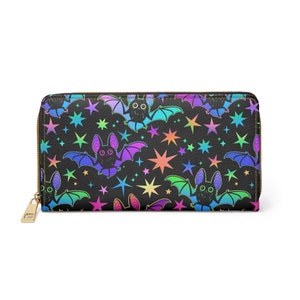 Cartera gótica con cremallera, Cartera de murciélagos de neón, Cartera de Halloween, Cartera de mujer, Cartera espeluznante